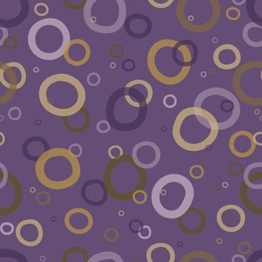 Hand painted organic, concentric circles in shades of pale lilac and dusky lavender, golds, soft yellow and mustard tossed on a rich eggplant purple background. A lovely bedroom wallpaper.