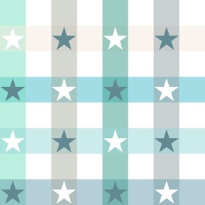 1 1/2 in - Gingham check with stars - blue teal white gray beige