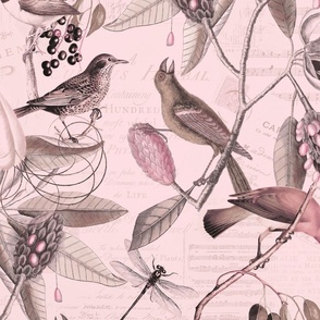 Vintage Magnolia Flowers And Birds Pattern Pastel Pink Large Scale