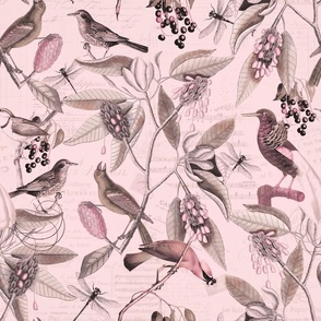Vintage Magnolia Flowers And Birds Pattern Pastel Pink Medium Scale