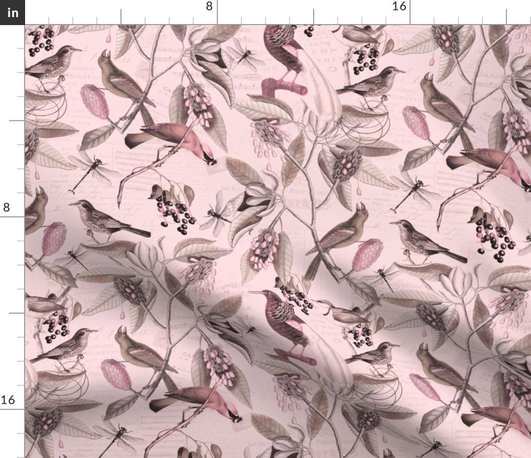 Vintage Magnolia Flowers And Birds Pattern Pastel Pink Smaller Scale