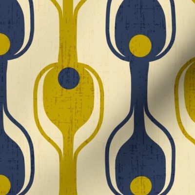 Retro Modern Pickleball Fabric in Blue and Gold on Light Gold
