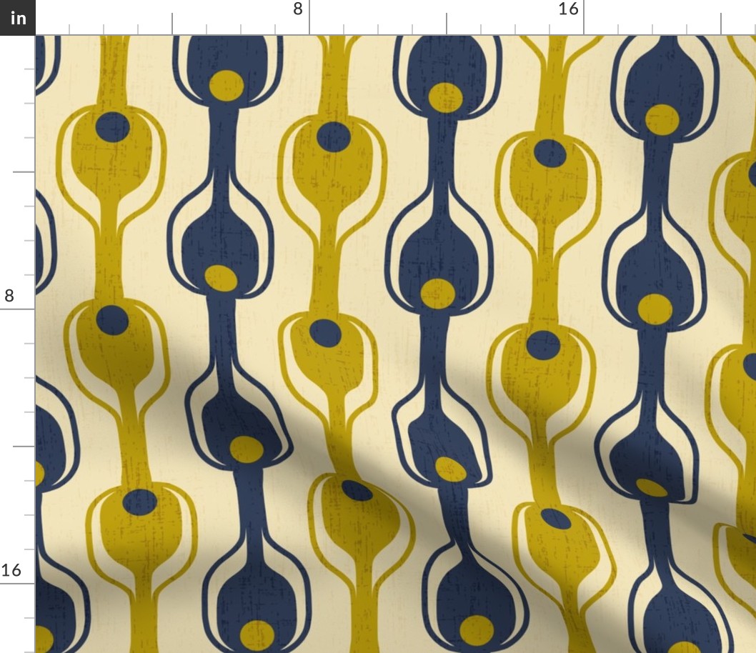 Retro Modern Pickleball Fabric in Blue and Gold on Light Gold