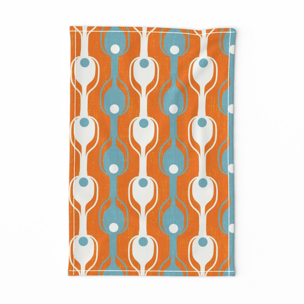 Retro Modern Pickleball Fabric in Off  White and Light Teal on Orange