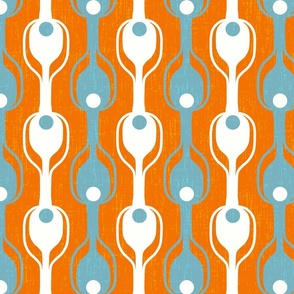 Retro Modern Pickleball Fabric in Off  White and Light Teal on Orange