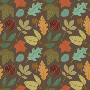 Leaf Collection // Gold, Green, Teal, Orange on Brown