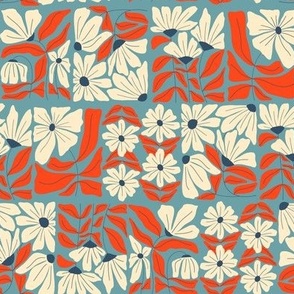 Garden Floral Blocks - Aqua and tomato red orange