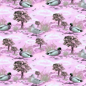 Sun Kissed Countryside Landscape, Lush Green Fields Bathed in Warm Sunshine, Towering Oak Silhouettes, Playful Flock of Mallard Ducks by Flowing Riverbank, Peaceful Escape for Farmhouse Chic on Periwinkle Pink Pale Purple, SMALL SCALE