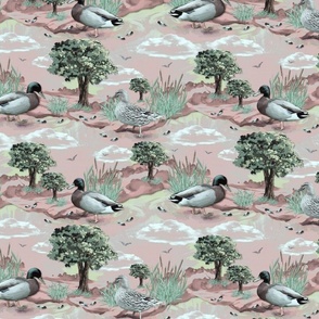 Rose Quartz Tranquil Riverbank Paradise, Puce Pink Sunny Shades, Countryside with Rolling Green Hills, Majestic Oak Trees, Dappled Sunlight, Playful Mallard Ducks Gliding on the Water, Relaxing Nature Retreat, Whimsical Child's Bedroom, SMALL SCALE