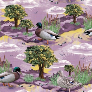 Vibrant Green Tapestry, Lush Green Fields, Towering Oak Trees, Playful Mallard Ducks, Farmhouse Kitchen Chic, Tranquil Nature Inspired Wall Decor, Wildlife Sanctuary, Tranquil Riverbank on Mulberry Pink, Sunshine Yellow, Lush Green, LARGE SCALE