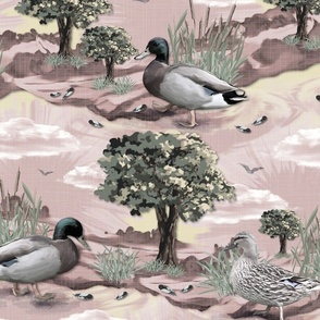 Tranquil Orchid Pink Nursery, Whimsical Bedroom, Serene Moss Green Landscape, Washed Emerald Green Hues, Towering Oak Trees, Dappled Sunlight  Effect, Downy Bird Feathers, Peaceful Countryside Living Room, Calming Nursery Art, Swimming Ducks, LARGE SCALE