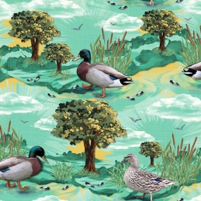 Calming Mint Green Nature Escape, Lush Green Fields, Clear Cloudy Skies, Playful Mallard Duck Pattern, Touch of Whimsy, Farmhouse Kitchen, Tranquil Nature Inspired Feature wall Countryside Decor, Fluffy Clouds, Soaring Birds in Sky on Jade Green Sunshine 