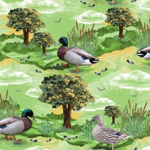 Emerald Green Mallard Ducks, Dappled Mellow Yellow Sunlight, Flowing River, Vibrant Kelly Green Leaves, Swimming Ducks, Tranquil Nursery, Whimsical Bedroom, Countryside Artwork, Magical Storybook, Green Washed Landscape, Emerald Green Hues, LARGE SCALE