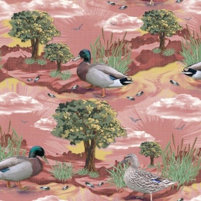 Happy Duck Ducks, Dusty Orange Countryside Vibes, Playful Boy Girl Mallard Ducks, Whimsical Pale Peach Gender Neutral Decor, Peaceful Countryside Living Room, Calming Nursery Art, Fluffy Clouds, Soaring Birds, Scattered Bird Feathers, Green Blue Earthy Co