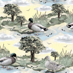 Idyllic Washed Green Happy Ducks Scene, Nature Wildlife Haven, Picturesque Pale Citrine Yellow Countryside, Lakeside River with Mallard Ducks, Sun Drenched Meadow Fields Bathed in Golden Sun Light, Flowing Paddling Ducks on Riverbed, Peaceful Escape for F