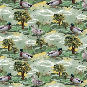 Rolling Hills Wildlife Haven, Emerald Green Lemon Yellow Happy Duck Nursery Art, Lake Life Nature Landscape, Oak Tree Silhouette, Nature Lover Vibrant Green Oak Tree Leaves, Swimming Ducks, Farmhouse Chic Kitchen, Countryside Living Room, Peaceful Country