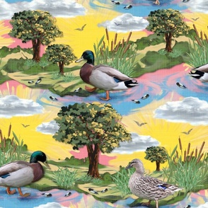 Pink and Blue Rolling Green Fields, Kids and Nursery Ducks and Flying Birds, Yellow and Blue, Green Fields and Foliage, Green Oak Trees and Leaves, Riverbed Duck Pond, Artistic Painterly Brushstrokes, Modern Upholstery Landscape, Sunshine Yellow Skies, Ca