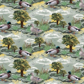 Ducks Basking in Warm Yellow Sunlight by Flowing Riverbank, Whimsical Farmyard Animals, Muted teal Children's Rooms, Lakeside Nature Landscape, Blue Skies and Oak Tree Silhouettes, Scattered Downy Bird Feathers, Vibrant Green Leaves, Swimming Ducks for Nu