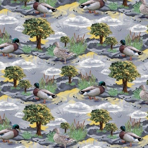 Playful Flock of Mallard Ducks by Flowing Riverbank, Whimsical Wild Bird Life, Lush Green Leaves, Silver Gray Riverbank Scene, Sunshine Yellow Farmhouse Kitchen Chic, Countryside Living Room, Green Landscape Washed in Emerald Green Hues, MEDIUM SCALE