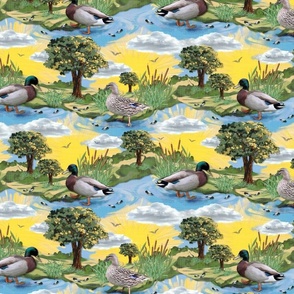 Duck Ducks, Picturesque Country Flowing River, Sun Kissed Bright Sunshine Yellow, Calming Sky Blue, Green Countryside Paradise, Happy Child's Bedroom, Playful Mallard Ducks on the Riverbank, Scattered Bird Feathers on Sky Blue and Lush Greenn Leaves, MEDI