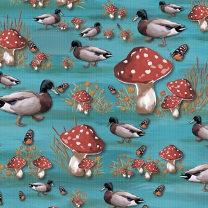 Cute Quirky Animal Pattern, Countryside Bird Farm, Waddling Ducks and Butterflies, Red Cap Mushrooms, Mushrooms and Ducks, Ducks and Toadstools, Feathered Farmyard Friends on Blue Teal and Red White Toadstool Spots, LARGE SCALE