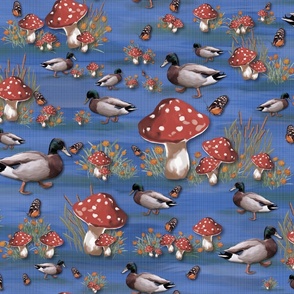 Waddling Ducks Feathered Friends, Red White Toadstools Fungi, Kids Wildlife Print, Childrens Bedroom Nature Art, Lakeside Ducks Countryside Animal Farm, Rich Royal Blue Red White Spots Kids Picnic Adventure, LARGE SCALE