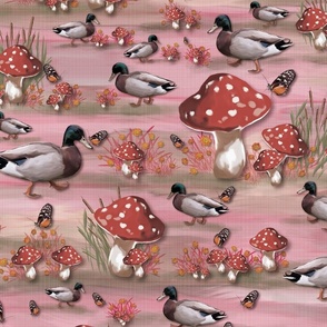 Farmhouse Kitchen with Cute Mallard Duck Theme, Lakeside Butterfly Garden Adventure, Grassy Meadow Inspired Countryside, Magical Meadowland and Happy Toadstool Fantasy in Pink, Red White, LARGE SCALE