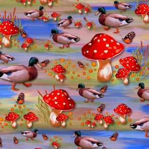 Cute Woodland Forest Red White Cap Spotted Toadstools, Enchanted Wild Mallard Duck Wildlife Whimsy, Cozy Kids Throw Blanket, Sunny Meadow Picnic Fun, Imaginative Forest Adventure, Bright Playful Technicolor Pattern, LARGE SCALE