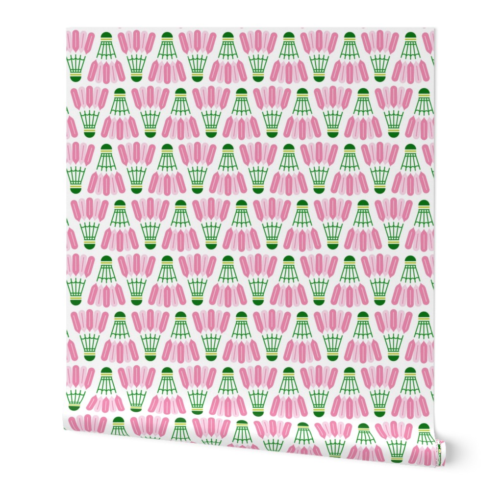 Badminton shuttlecocks in preppy-inspired pink and green on white