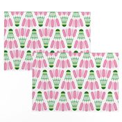 Badminton shuttlecocks in preppy-inspired pink and green on white