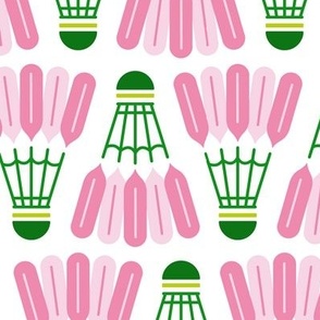 Badminton shuttlecocks in preppy-inspired pink and green on white