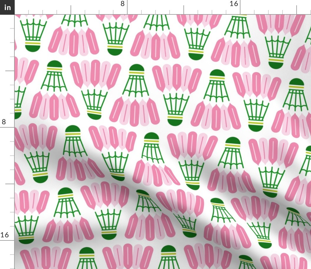 Badminton shuttlecocks in preppy-inspired pink and green on white