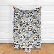 Large jumbo scale // One team one dream // bunny grey background yellow and blue volley dreamy balls hot air balloons on sky with clouds wallpaper nursery boys room
