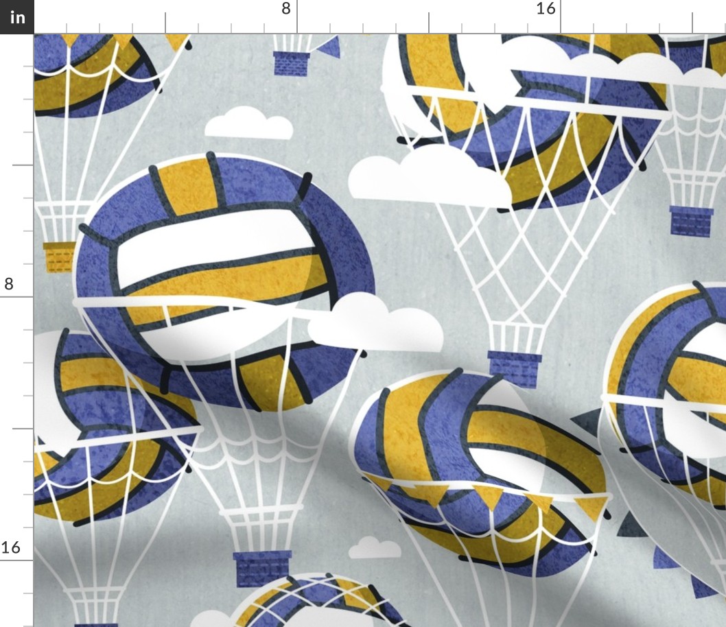 Large jumbo scale // One team one dream // bunny grey background yellow and blue volley dreamy balls hot air balloons on sky with clouds wallpaper nursery boys room