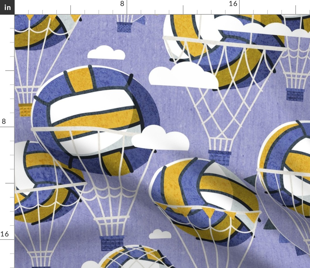 Large jumbo scale // One team one dream // denim blue background yellow and blue volley dreamy balls hot air balloons on sky with clouds wallpaper nursery boys room