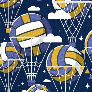 Large jumbo scale // One team one dream // midnight blue background yellow and blue volley dreamy balls hot air balloons on sky with clouds and stars wallpaper nursery boys room