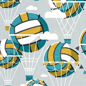 Large jumbo scale // One team one dream // bunny grey background yellow and teal volley dreamy balls hot air balloons on sky with clouds wallpaper nursery boys room