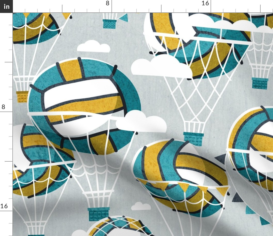 Large jumbo scale // One team one dream // bunny grey background yellow and teal volley dreamy balls hot air balloons on sky with clouds wallpaper nursery boys room