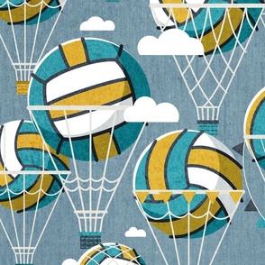 Large jumbo scale // One team one dream // bali blue background yellow and teal volley dreamy balls hot air balloons on sky with clouds wallpaper nursery boys room