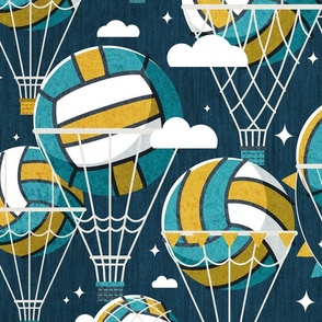 Large jumbo scale // One team one dream // nile blue background yellow and teal volley dreamy balls hot air balloons on sky with clouds  and stars wallpaper nursery boys room