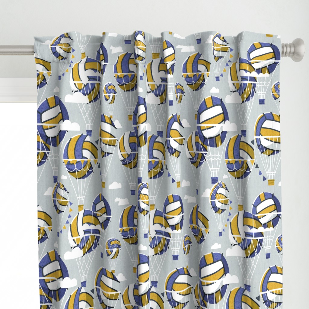 One team one dream // normal scale // bunny grey background yellow and blue volley dreamy balls hot air balloons on sky with clouds wallpaper nursery boys room