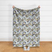 One team one dream // normal scale // bunny grey background yellow and blue volley dreamy balls hot air balloons on sky with clouds wallpaper nursery boys room