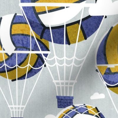 One team one dream // normal scale // bunny grey background yellow and blue volley dreamy balls hot air balloons on sky with clouds wallpaper nursery boys room