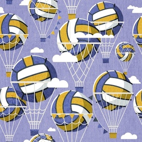 Normal scale // One team one dream // denim blue background yellow and blue volley dreamy balls hot air balloons on sky with clouds wallpaper nursery boys room
