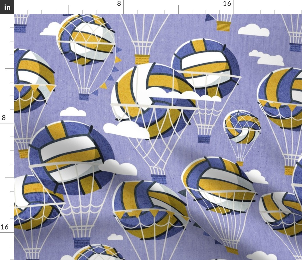 Normal scale // One team one dream // denim blue background yellow and blue volley dreamy balls hot air balloons on sky with clouds wallpaper nursery boys room