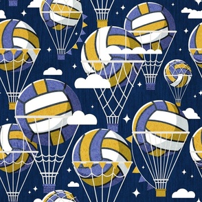 Normal scale // One team one dream // midnight blue background yellow and blue volley dreamy balls hot air balloons on sky with clouds and stars wallpaper nursery boys room