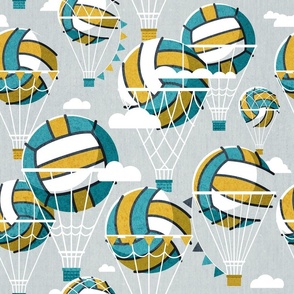 Normal scale // One team one dream // bunny grey background yellow and teal volley dreamy balls hot air balloons on sky with clouds wallpaper nursery boys room