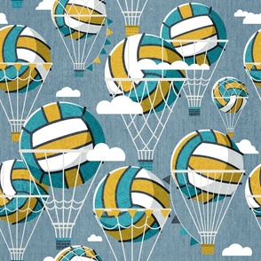 Normal scale // One team one dream // bali blue background yellow and teal volley dreamy balls hot air balloons on sky with clouds wallpaper nursery boys room