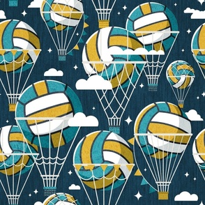 Normal scale // One team one dream // nile blue background yellow and teal volley dreamy balls hot air balloons on sky with clouds  and stars wallpaper nursery boys room