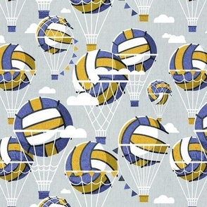 Small scale // One team one dream // bunny grey background yellow and blue volley dreamy balls hot air balloons on sky with clouds wallpaper nursery boys room